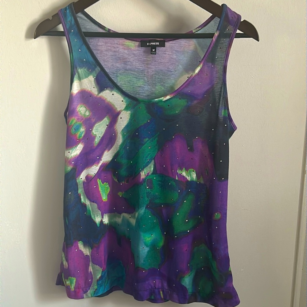 Express Women’s Rhinestone Embellished Vibrant Watercolors Floral Print Tank Top